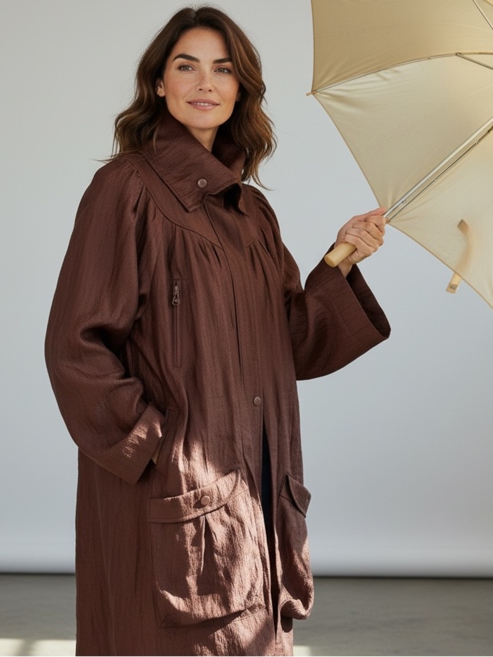 Samuel Dong Brown Shimmer Bubble Hem High Collar Small Dark Brown Outerwear Coat